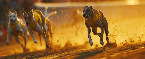 greyhounds racing on the track, one dog in front with a white chest and red collar