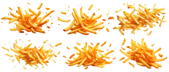 Set of flying delicious potato fries, cut out - obrazy, fototapety, plakaty