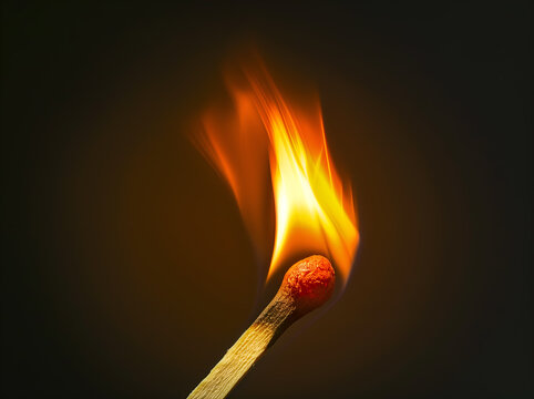 close up of match on fire, burning with red flames on black background