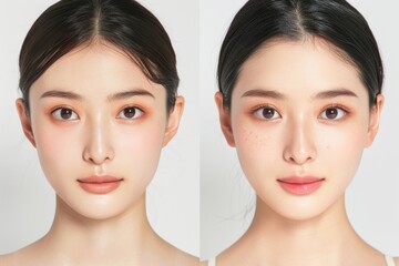 肌の綺麗な日本人モデルのビフォー・アフター美容広告風写真（美容整形・プチ整形・美肌）	
