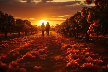 two apple orchard workers during a bountiful harvest in the picturesque orchard - obrazy, fototapety, plakaty