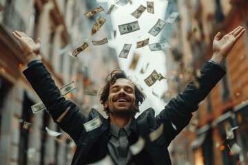 Businessman raises his arms and stands under money rain, A lot of dollar banknotes falling on smiling man facing success, Concept of success and wealth
