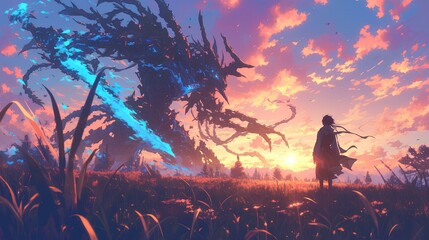 a boy watching the appearance of a mythical giant spirit. dramatic and emotional anime landscape at dawn with vivid and vibrant colors mystical scene. digital art style, illustration. generative AI - obrazy, fototapety, plakaty