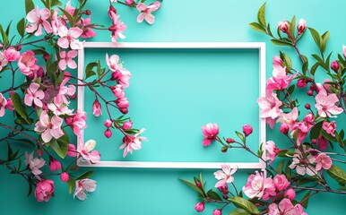 Bright pink and white spring flowers frame a central rectangle, perfect for text or graphics placement