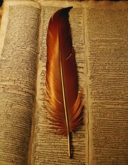 An antique feather quill rests upon an open, weathered manuscript, evoking a sense of history and the art of classical writing.