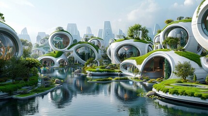 Capture the intricate details of a futuristic cityscape, integrating green spaces, water features, and efficient infrastructure to showcase a harmonious ecosystem design - obrazy, fototapety, plakaty