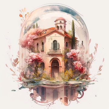 Fototapeta Watercolor mediterranean house. Old building and blooming garden. Vintage home and blossom tree, Provence, France or Tuscany, Italy. Cute summer house. Illustration in watercolor style