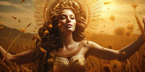 Radiating with divine grace, Demeter, the Greek Goddess of Agriculture and Harvest, graces a portrait surrounded by a thriving field of wheat, symbolizing the abundance of nature.