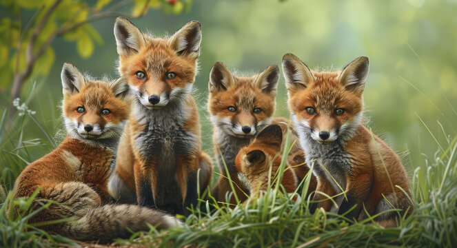A group of fox cubs in the grass with their mother