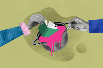 Collage image sketch of arm hold pan put recipe book into pan of boiled water pink liquid cooking...