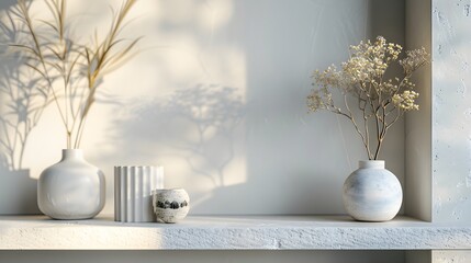 Nordic minimalist entryway desktop, pure white tone, close - up of desktop details. For design, 3d render, decoration