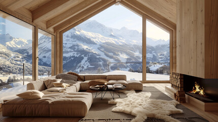 A cozy and stylish chalet interior overlooking breathtaking snowy mountain peaks with a warm inviting fireplace