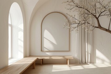 Inviting interior with an archway design, bench, and glowing artwork imparting a tranquil yet sophisticated air