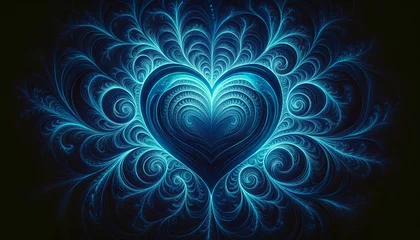 Fotobehang Abstract heart in shades of blue, illuminated by fractal patterns, embodies a futuristic romance - Generative AI © Jayster.z