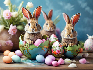 Easter bunnies holding colorful eggs and posing on blue background