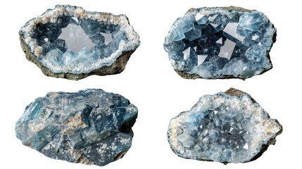 Celestite digital art in 3D with vibrant blue hues, isolated on transparent background. Top view flat lay of mystical gemstone, perfect for spiritual designs, healing themes, and luxury decor. - obrazy, fototapety, plakaty