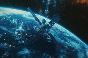 Spacecraft, spaceship, and space satellite in the cosmos sky. Technology concept and background. 