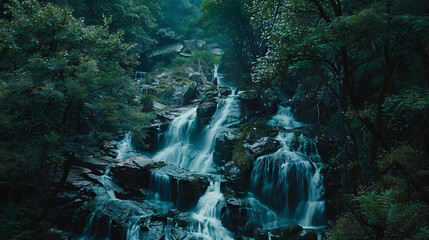 A series of small interconnected waterfalls flowing through a forested valley. - obrazy, fototapety, plakaty