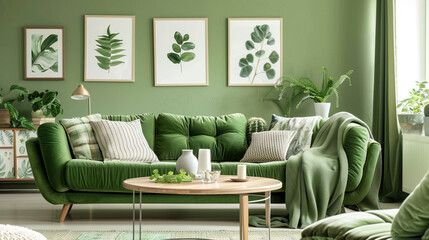 A beautifully decorated green themed living room enriched with botanical prints and indoor plants offering a fresh feel