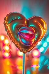 Colorful heart-shaped candy lollipop amidst a dazzling neon light show exuding joy and playfulness