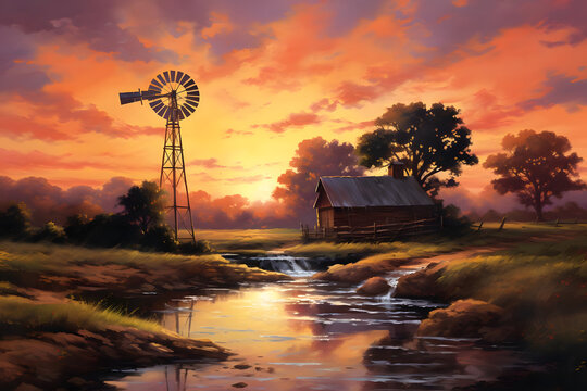 Rural Windmill in Sunset Painting