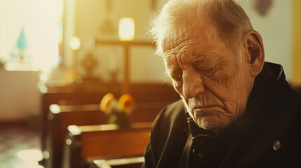 an elderly man in the church sitting alone - obrazy, fototapety, plakaty