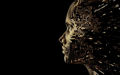 Naklejka na ściany i meble Abstract digital human head created using cubes on a black background, big data, machine learning or digital transformation concept