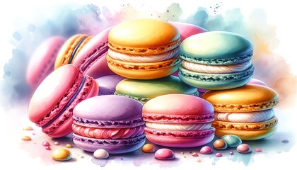 Fototapeta na wymiar Watercolor Painting of Macaron