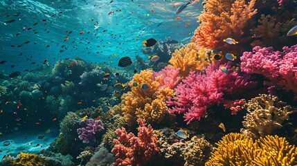 Naklejka na ściany i meble Vibrant Underwater Ecosystem: A Colorful Display of Coral Reefs Teeming with Tropical Fish Beneath Crystal Clear Waters