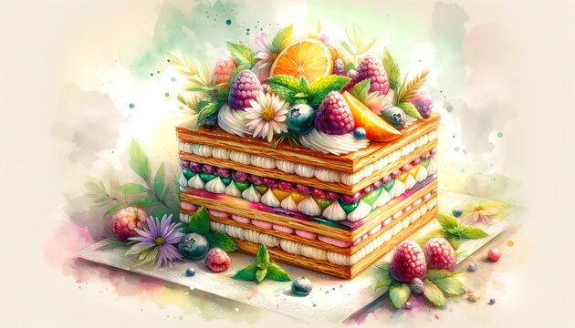 Watercolor Painting of Spring Millefeuille