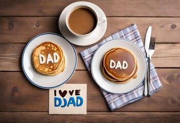 Father day pancakes. Homemade kids cooked father day pancakes with lettering I love dad, on plate, with coffee latte cup, gift box and necktie, wooden background - Powered by Adobe