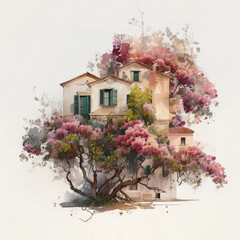 Watercolor mediterranean house. Old building and blooming garden. Vintage home and blossom tree, Tuscany, Italy or Provence, France. Illustration in watercolor style. Cute summer house