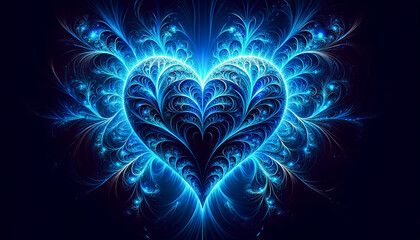Abstract heart in shades of blue, illuminated by fractal patterns, embodies a futuristic romance - Generative AI