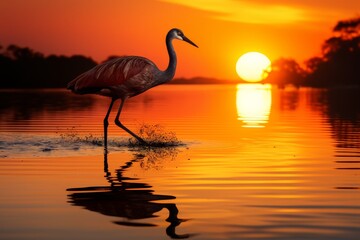 crane in the lake at sunset, beautiful photo digital picture