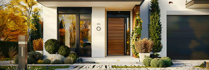 Modern Architectural Entrance with a Touch of Elegance, Featuring a Stylish Doorway and Landscaped Yard in a Luxurious Residential Setting