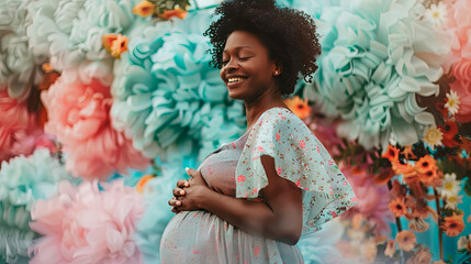 A joyful expectant mother surrounded by colorful smoke, celebrating her baby shower in a dreamlike...