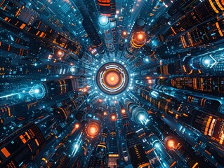 Imagine a worms-eye view of a futuristic cityscape, showcasing intricate communication devices reaching towards the cosmos 