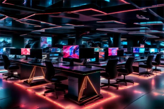 zoom in cyberpunk room with many computers on desk, working room
