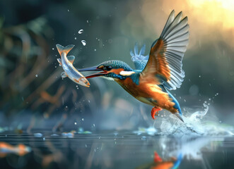 Beautiful kingfisher bird catching fish in the water, motion capture