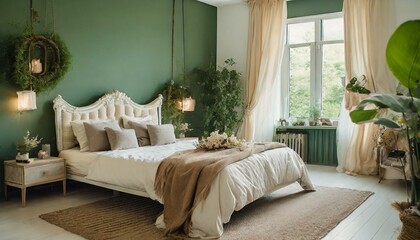 Schlafzimmer mit grüner Wand - obrazy, fototapety, plakaty