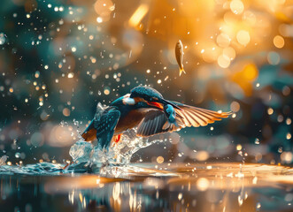 Beautiful kingfisher bird catching fish in the water, motion capture - Powered by Adobe