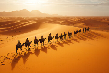 In desert, a camel caravan passes through sand dunes AI Generative