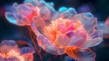 Vivid neon-lit blossoms present a spectacular visual symphony, with each petal and dewdrop reflecting a kaleidoscope of radiant colors.