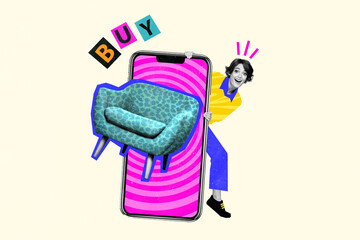 Composite photo collage of happy amazed girl big iphone screen armchair shopping buy costumer sale ad isolated on painted background