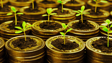 Growing Wealth. small green plants sprouting from soil placed atop stacks of golden coins, symbolizing financial growth or investment returns.