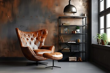 Urban Sophistication A Stylish Loft Interior Featuring a Luxurious Leather Armchair Against a Dark Cement Wall