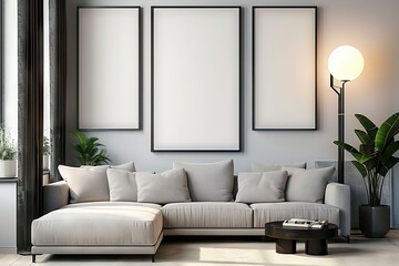 Mock-Up Poster Frames in a Modern, Contemporary-Style Living Room Interior, Illuminated by a Stylish Floor Lamp and Natural Light from Large Windows.