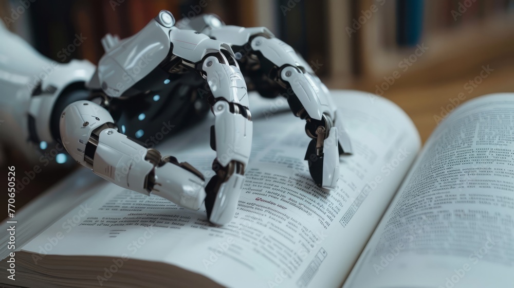 Poster ai robot reading a book in the library. collaboratively studying from a vast array of textbooks. mac