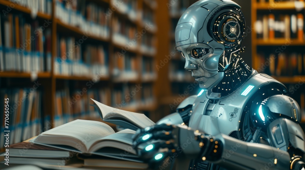 Poster ai robot reading a book in the library. collaboratively studying from a vast array of textbooks. mac