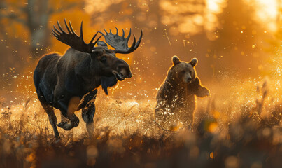 Beautiful moose fleeing from a big grizzly bear - running for his life - obrazy, fototapety, plakaty